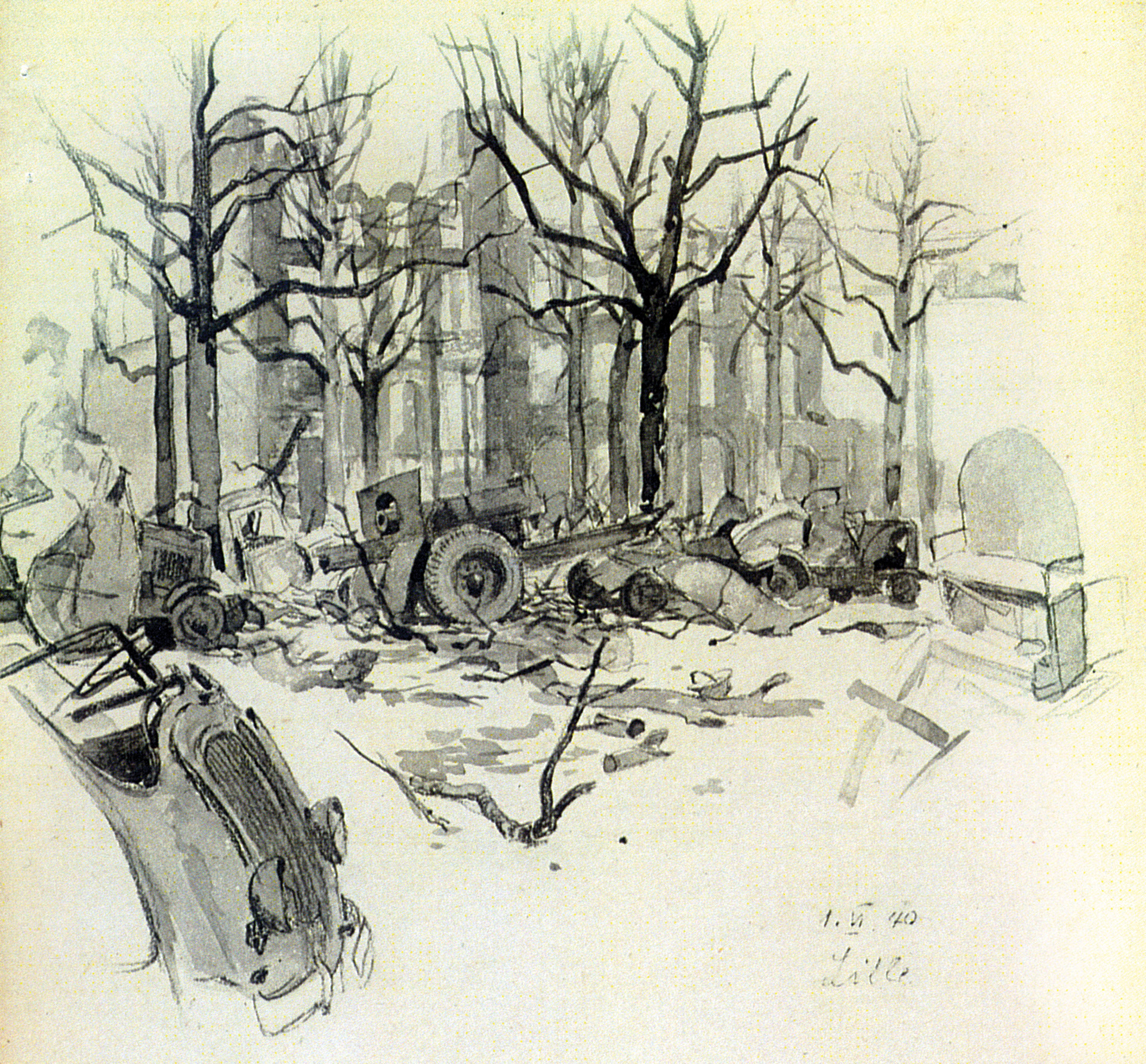 Using watercolors, Eigener portrayed the detritus of a battle: wrecked vehicles, a disabled artilley piece, barren trees, the shell of a building, even a piece of furniture.