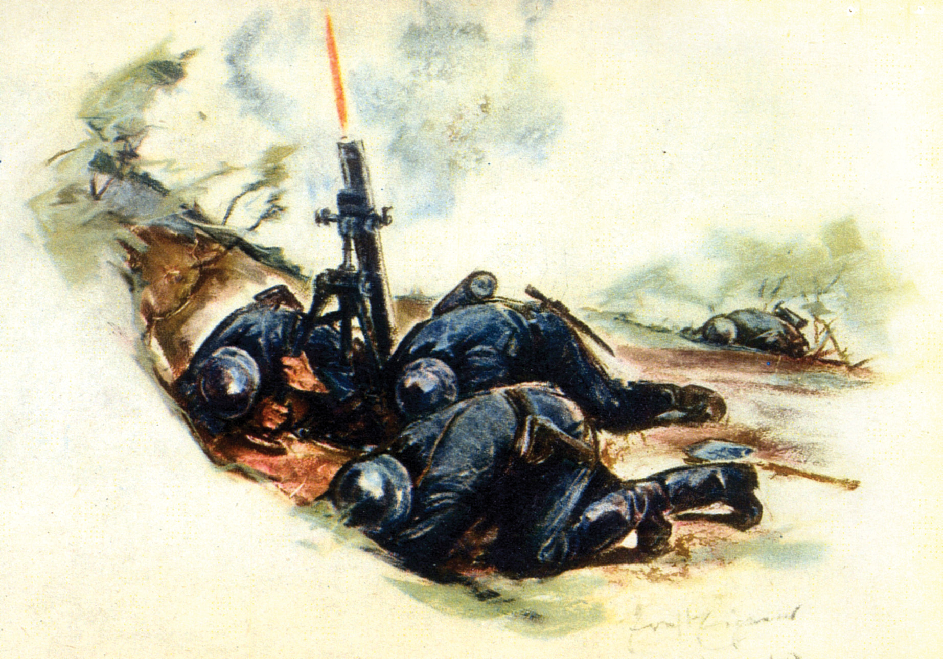 Eigener’s watercolor of a mortar crew firing their weapon.