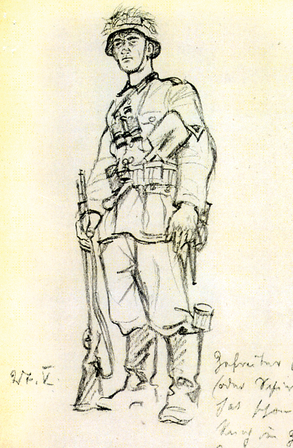 A portrait of a Landser. With his fine eye for detail, Eigener has added a pair of binoculars, entrenching tool, and a grenade tucked into the soldier’s boot.