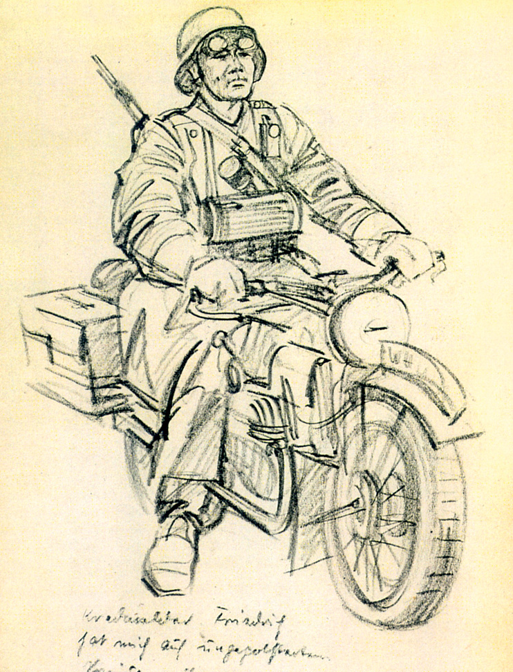 Eigener sketched a motorcyclist with a few quick, deft strokes of his pencil, yet captured consierable detail. 