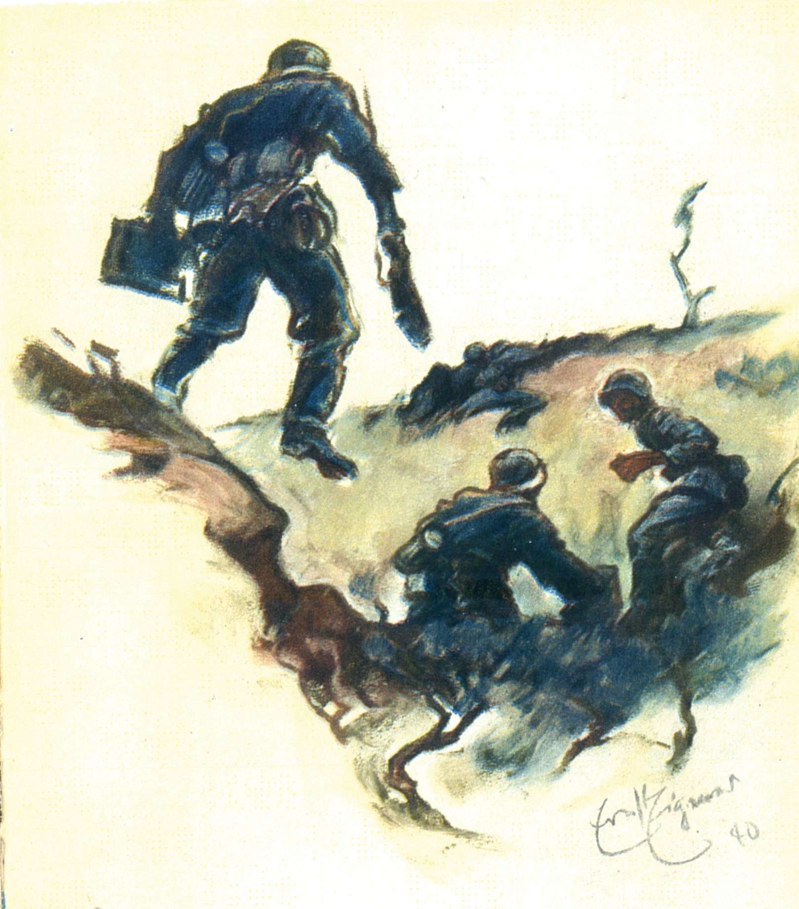 A soldier carrying an ammunition box and a weapon leaps into a postion occupied by two of his comrades. By showing the men from the back, almost as silhouettes, Eigener obscures their humanity and reduces them to anonymous cogs in the Third Reich’s war machine. 