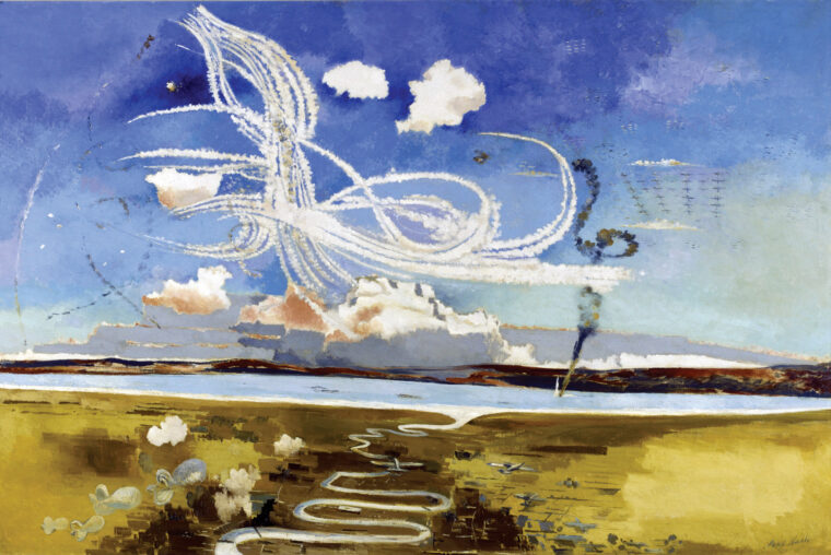 In this 1941 portrayal of the Battle of Britain, artist Paul Nash said his painting was “an attempt to give the sense of an aerial battle in operation over a wide area, and thus summarizes England’s great aerial victory over Germany.” It symbolically depicts the aerial conflict that lasted from July 10, 1940 to October 31, 1940, with outnumbered, free-flying British fighters battling the orderly ranks of German aircraft.