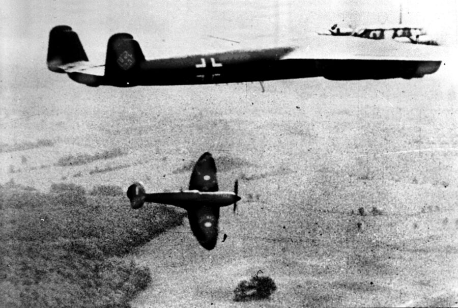 A Supermarine Spitfire pilot engages a Dornier Do 17 bomber over southern England. The slower bombers made for easy targets. 