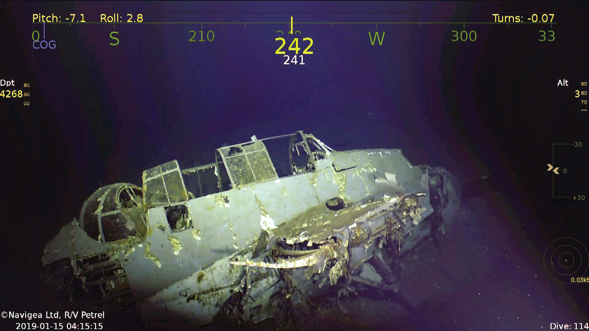 A silent witness to the ferocity of the battle, a badly mangled Dauntless rests near Wasp at a depth of 14,255 feet. 