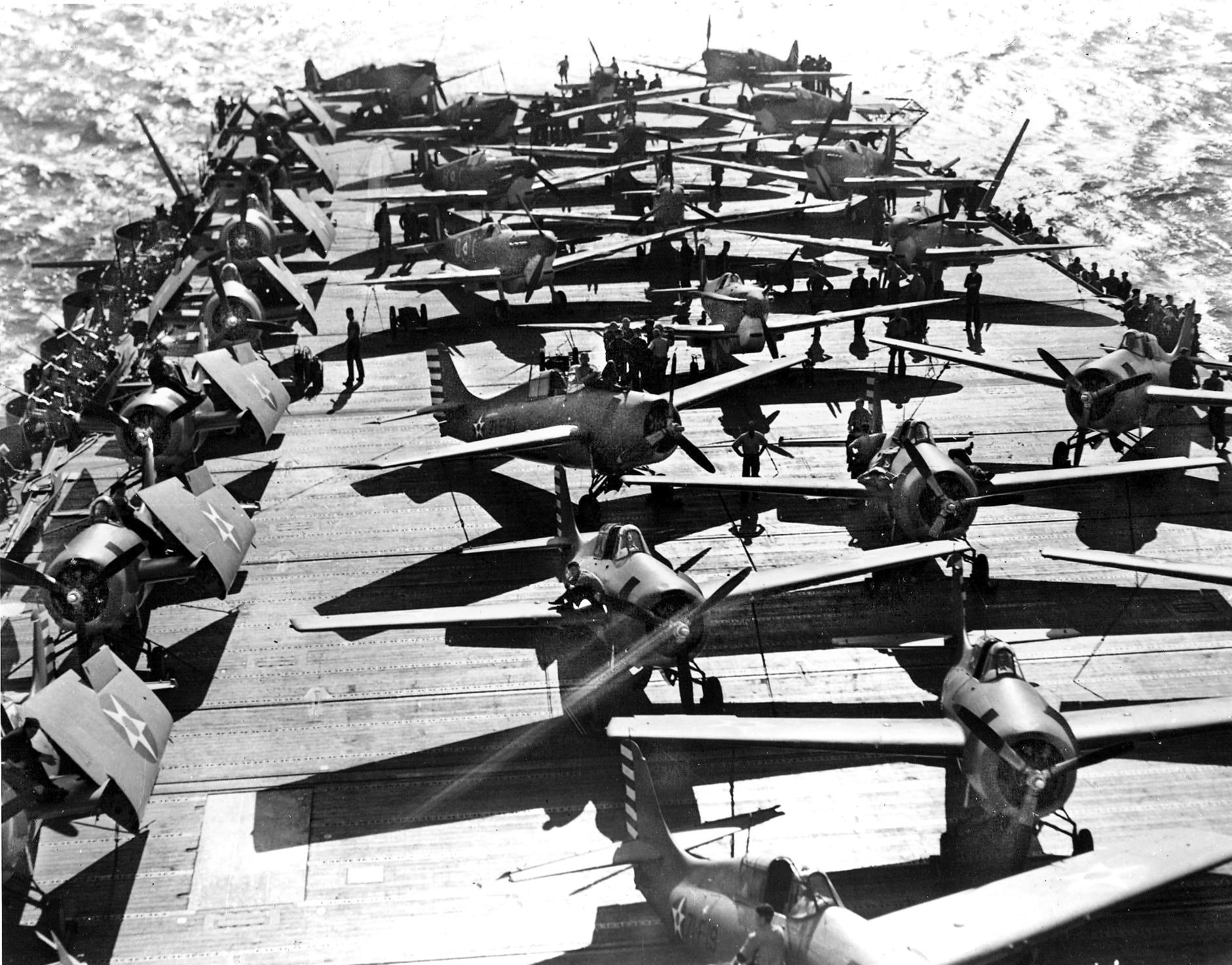 F4F Wildcats from Fighting Squadron 71 (VF-71) are lined up on Wasp’s deck, April 1942. The next month Wasp would ferry Spitfires from Glasgow, Scotland, to Malta in the Mediterranean, where she participated in a joint operation with Britain's Royal Navy to resupply aircraft to that island nation. 