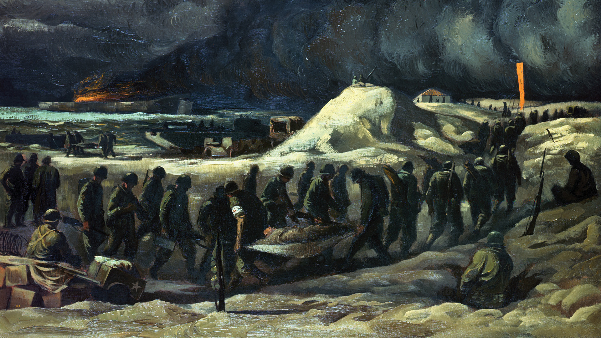 Members of the U.S. 1st Infantry Division march ashore at Gela, Sicily, while an LST burns off shore on the first day of Operation Husky in this 1943 painting by Navy war artist Mitchell Jamieson. Soldiers injured during the fighting can be seen being evacuated to hospital ships. Sicily became the stepping stone for the invasion of the Italian mainland.