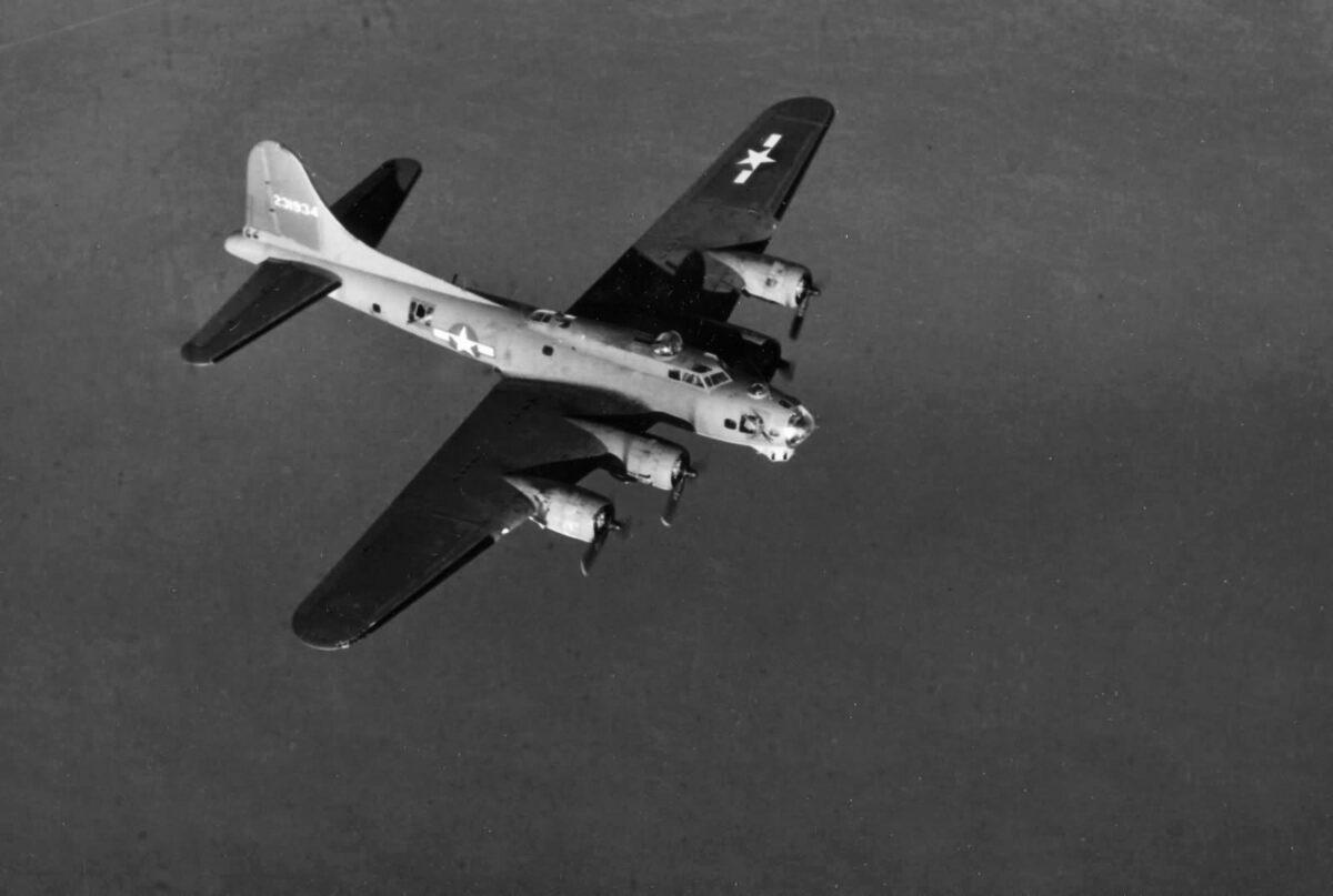 A B-17G of the 452nd Bomb Group shown on a mission above the clouds over Germany. 