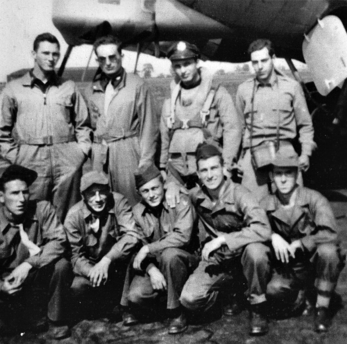 The crew of Goldsticker’s plane, Deuces Wild, photographed in January 1944 at McDill Field, Tampa, Florida, before being deployed overseas. Front row (left to right): Albert Fazzone (radio); James Fulmer (ball turret); J.R. Wadkins (engineer/top turret); Clayton Chapman (waist gunner). Back row: Joe Antol (pilot); Martin Atkin (co-pilot); Harry Ladanye (navigator); Ralph Goldsticker (bombardier). Not in photo: Jimmie Fogarty (tail gunner). 