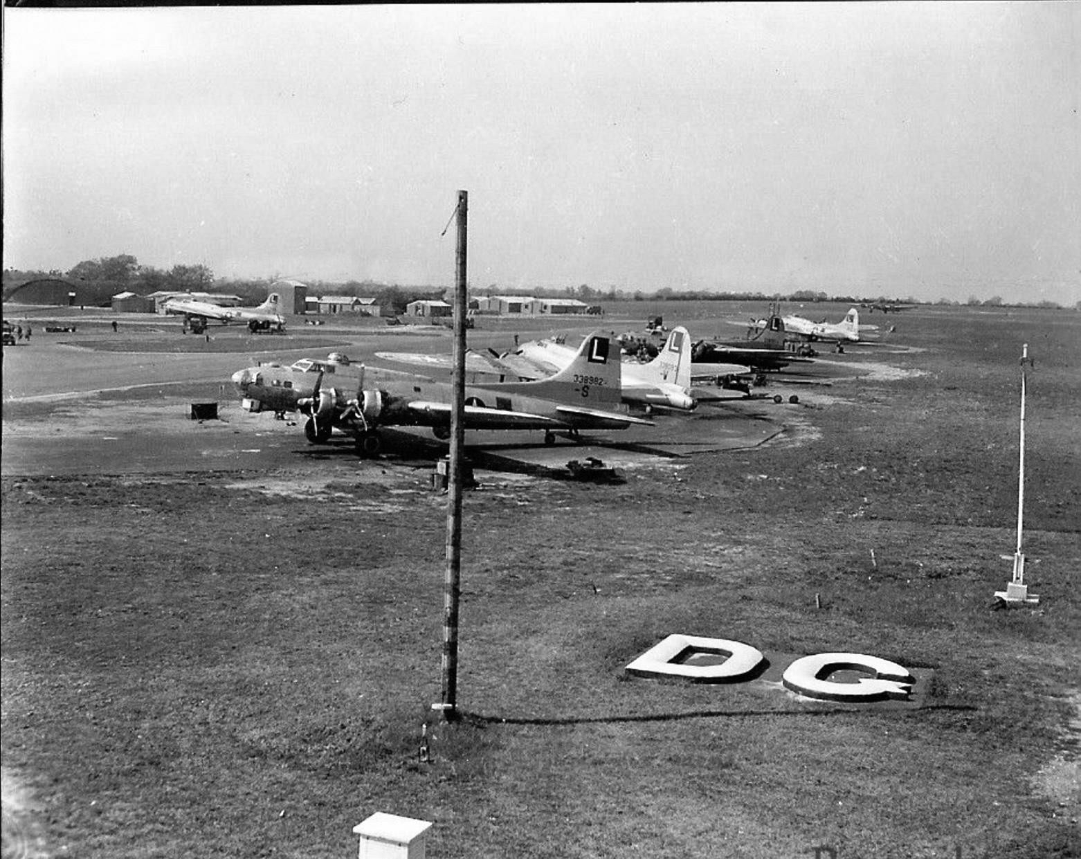 A view of 452nd Bomb Group's B-17s parked on the hardstand at Deopham Green in East Anglia.
