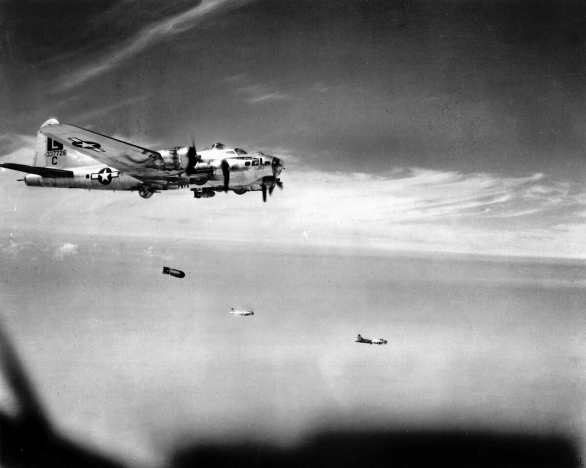 B-17Gs of the 452nd Bomb Group’s 371st Bomb Squadron on a bombing run somewhere over Europe. The B-17 could carry from 4,000-8,000 lbs. of bombs, depending on the length of the mission. 