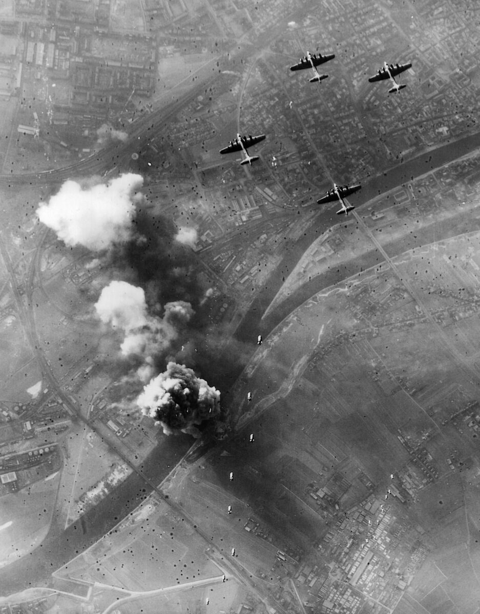 The Allies’ “Pointblank Directive” established the top priority of the Combined Bomber Offensive: the destruction of German aircraft and submarine manufacturing facilities. Here a flight of B-17s drop their bombs on Regensburg, August 17, 1943. Sixty bombers—and 600 men—were lost on this Schweinfurt-Regensburg mission, emphasizing the hazardous nature of daylight bombing.