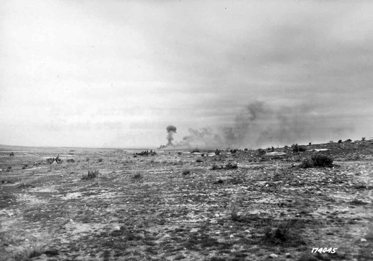 Following a bitter battle, the town of Sbeitla, Tunisia, burns furiously. Company B captured the town, capturing 100 Italian prisoners.