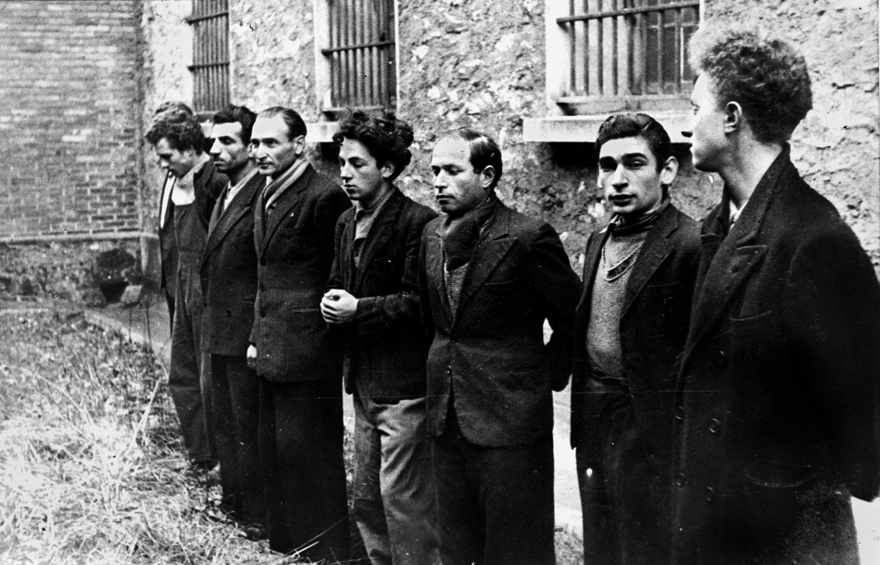 Sentenced to die: 7 members of the Manouchian Group, an armed resistance organization in the Paris area, await their execution, February 21, 1944. Missak Manouchian (second from left) led the communist-affiliated organization.