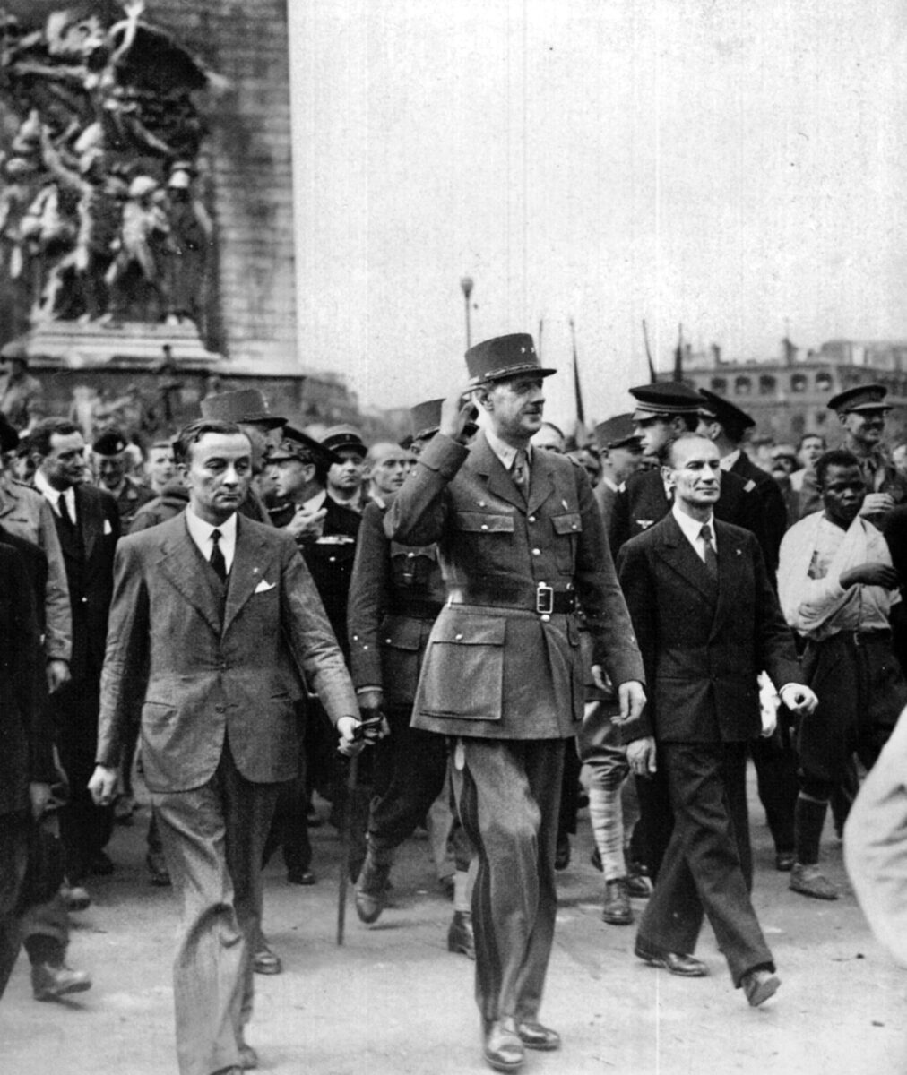 After the Résistance had staged an uprising, the Allies quickly decided to send Leclerc’s tankers into the city first. Here Charles de Gaulle marches in a triumphant parade through Paris on August 25, 1944, just hours after the city’s liberation from the Germans. 