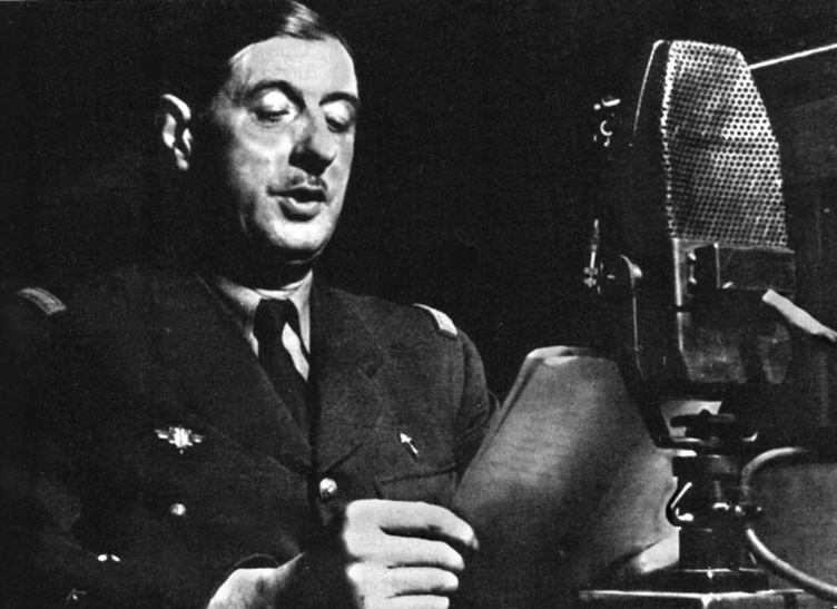De Gaulle broadcasts from BBC studios in London, June 18, 1940, calling on French citizens to resist the Nazis and their Vichy collaborators.