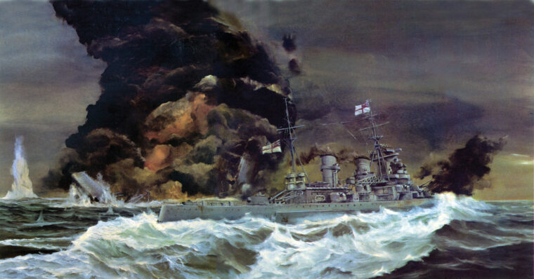 In a painting by John Hamilton, the battle cruiser HMS Hood (left) explodes and breaks up as the battleship HMS Prince of Wales moves out of range of the assailant, the Bismarck, in the Denmark Strait, May 24, 1940. Over 1,400 British sailors went down with Hood in one of history's last clashes between capital ships.