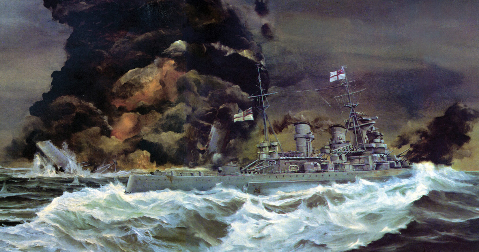In a painting by John Hamilton, the battle cruiser HMS Hood (left) explodes and breaks up as the battleship HMS Prince of Wales moves out of range of the assailant, the Bismarck, in the Denmark Strait, May 24, 1940. Over 1,400 British sailors went down with Hood in one of history's last clashes between capital ships.