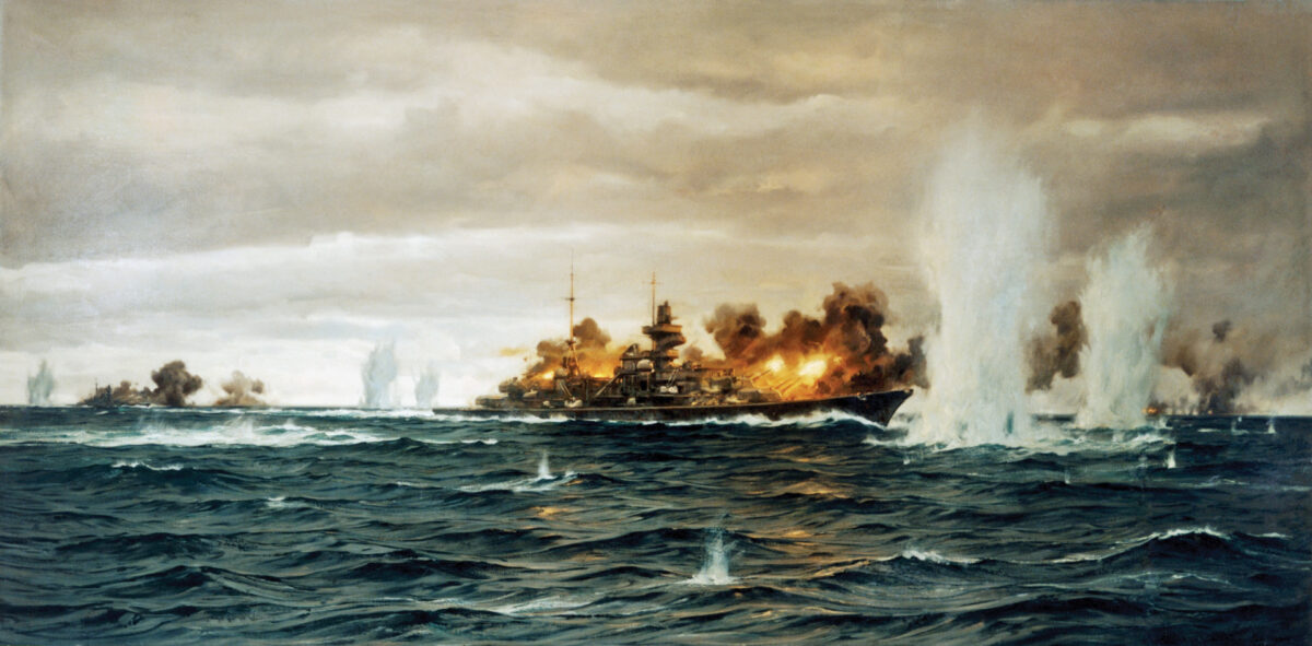 An artist’s rendering of the German battleships Bismarck and Prinz Eugen firing on battle cruiser Hood and battleship Prince of Wales, May 24, 1940. Bismarck would be sunk on May 27.