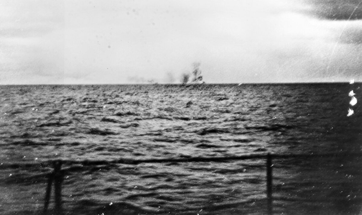 The brilliant muzzle flash from a broadside fired by Bismarck. Advanced radar gave the German dreadnought an advantage over the older Hood.