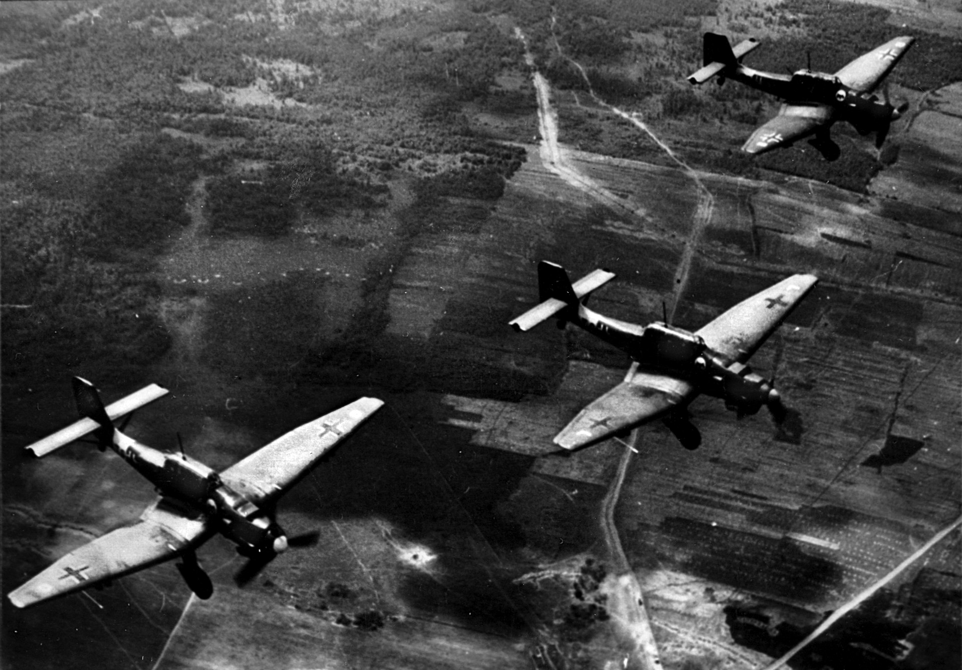 Early in the attempt to defeat the Soviet Union, German aircraft controlled the skies. Here three Junkers Ju-87 Stuka dive bombers fly high over their target city of Novgorod. The dive bombers proved effective as airborne artillery against ground targets, but the growing number of Soviet fighters soon took their toll of the Luftwaffe.