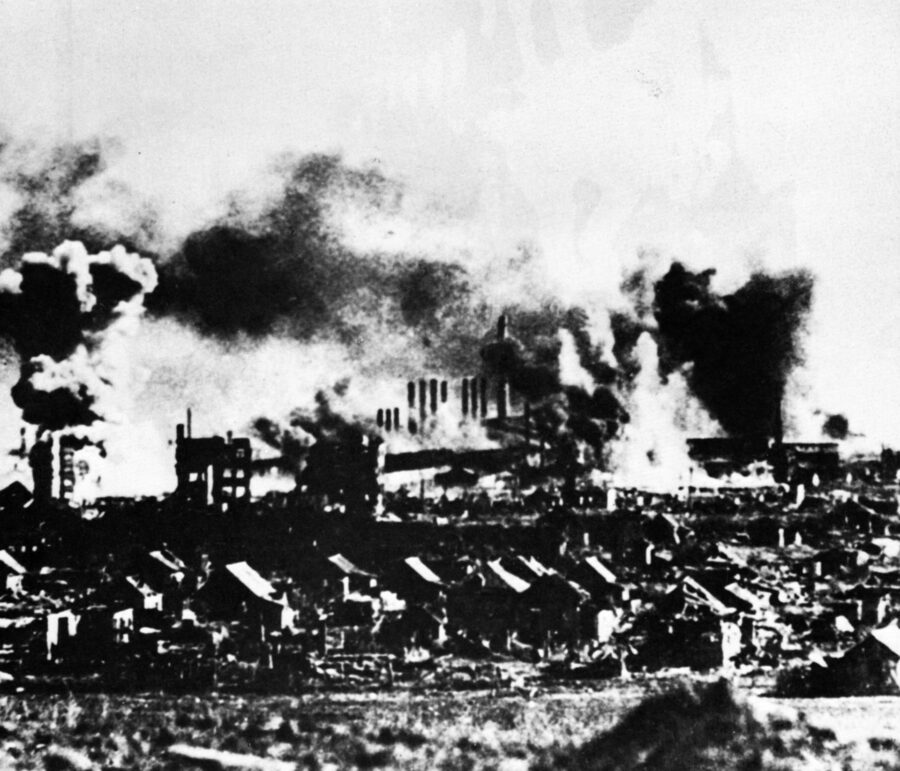 During the summer and fall of 1942, the Luftwaffe pounded enemy positions at Stalingrad with as many as 3,000 sorties per day. Here a factory district in the city goes up in smoke and flames.