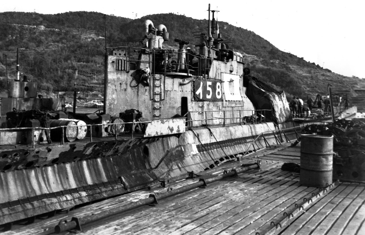 The Japanese submarine I-58, the killer of the Indy, photographed in her berth at Sasebo.