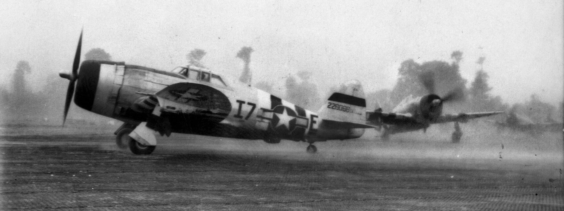 P-47s of the 48th Fighter Group prepare to take off from a French field in 1944, taxiing on metal Marston Mats that were moved with the unit as it advanced toward Germany.