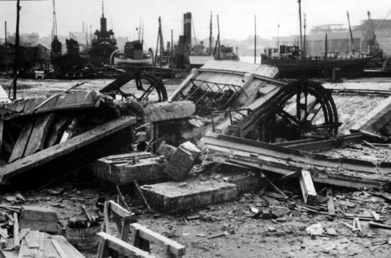The shattered remains of the winding shed. Not only did the exploding HMS Campbeltown cause immense damage, the Commando teams also added to the destruction by demolishing other key targets in the dock area. 