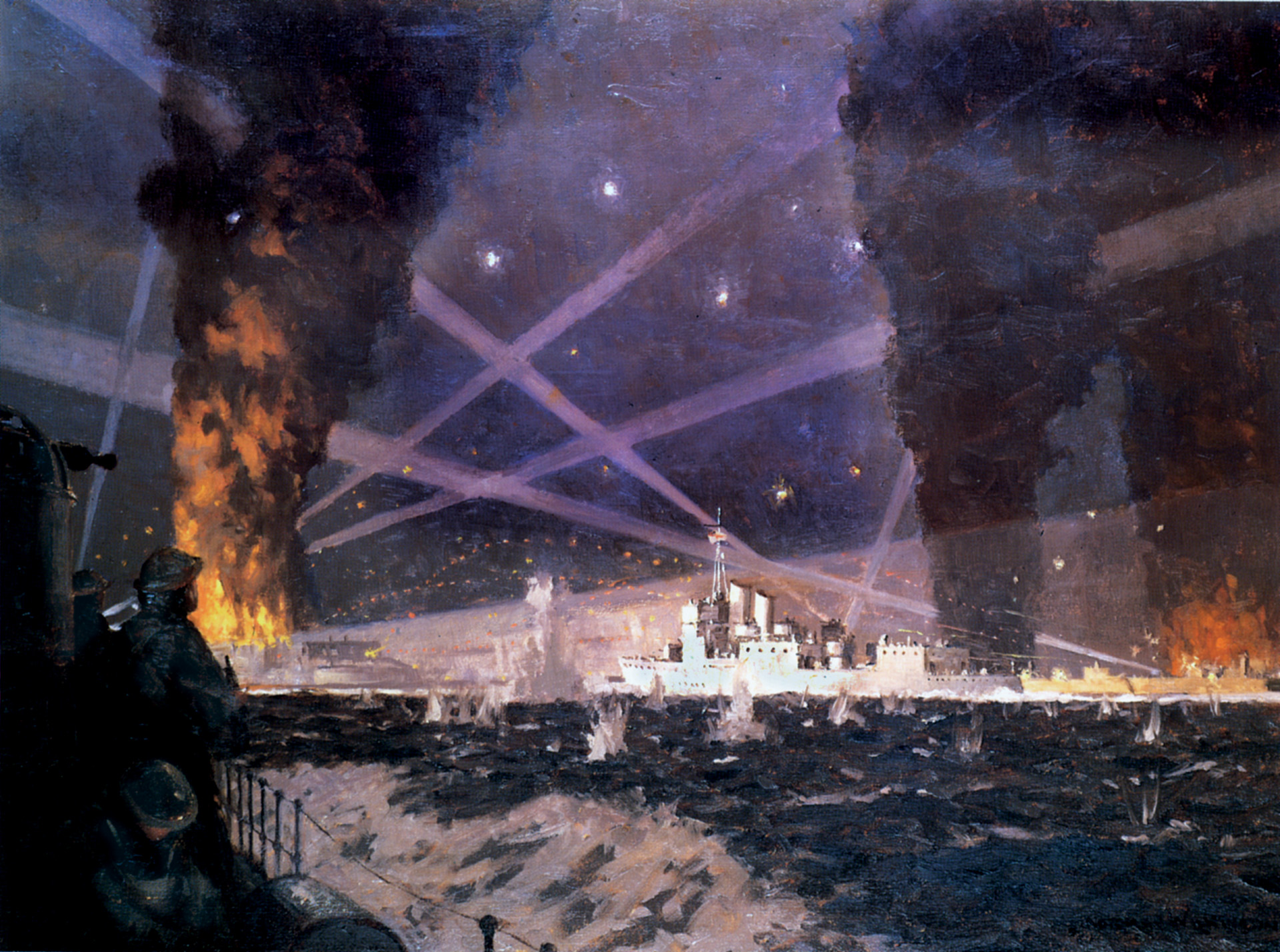 Artist’s conception of the raid: German spotlights illuminate the sky, and shells churn the water as HMS Campbeltown makes her high-speed dash in the Loire estuary toward the lock gates of the huge Normandie dock.