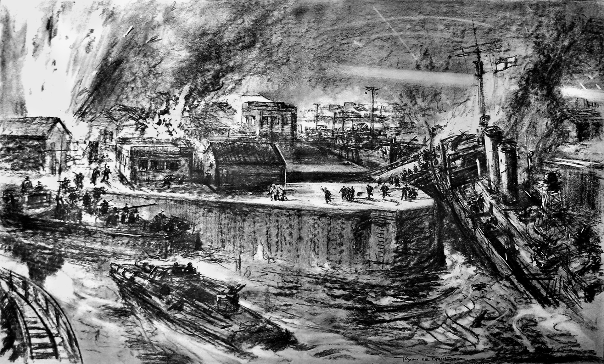 Sketch of the St. Nazaire raid; HMS Campbeltown (right) has just rammed the Normandie lock gate, and Commandos are sprinting off the ship to attack German installations.