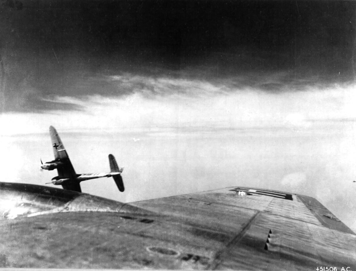 A German Me 410 banks sharply away after attacking the B-17 “Lady Godiva,” 388th Bomb Group, May 12, 1944. German fighter pilots developed new and devastating ways to attack bombers.