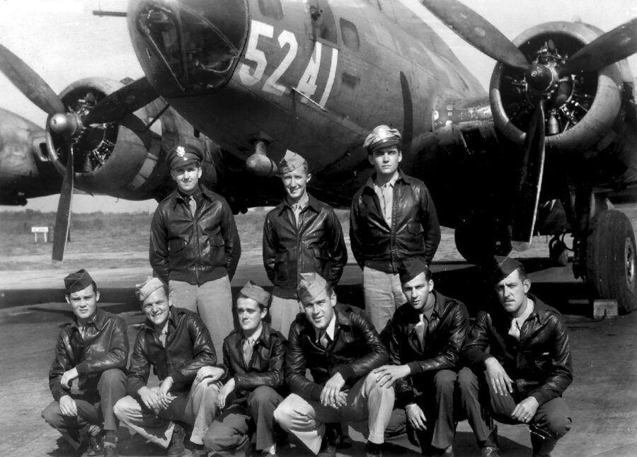 Co-pilot Lieutenant Delton “Rip” Reopelle (standing, back center), 379th Bomb Group, poses for a crew picture, October 28, 1944. He noted, “If anybody said they weren't scared of flak, they’re lying."