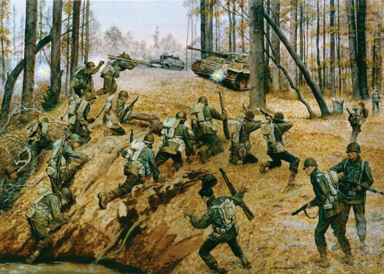 Armed with rifles and a bazooka, men of the 442nd stop German panzers during their successful effort to rescue the “Lost Battalion,” October 1944. Painting by Charles McBarron.