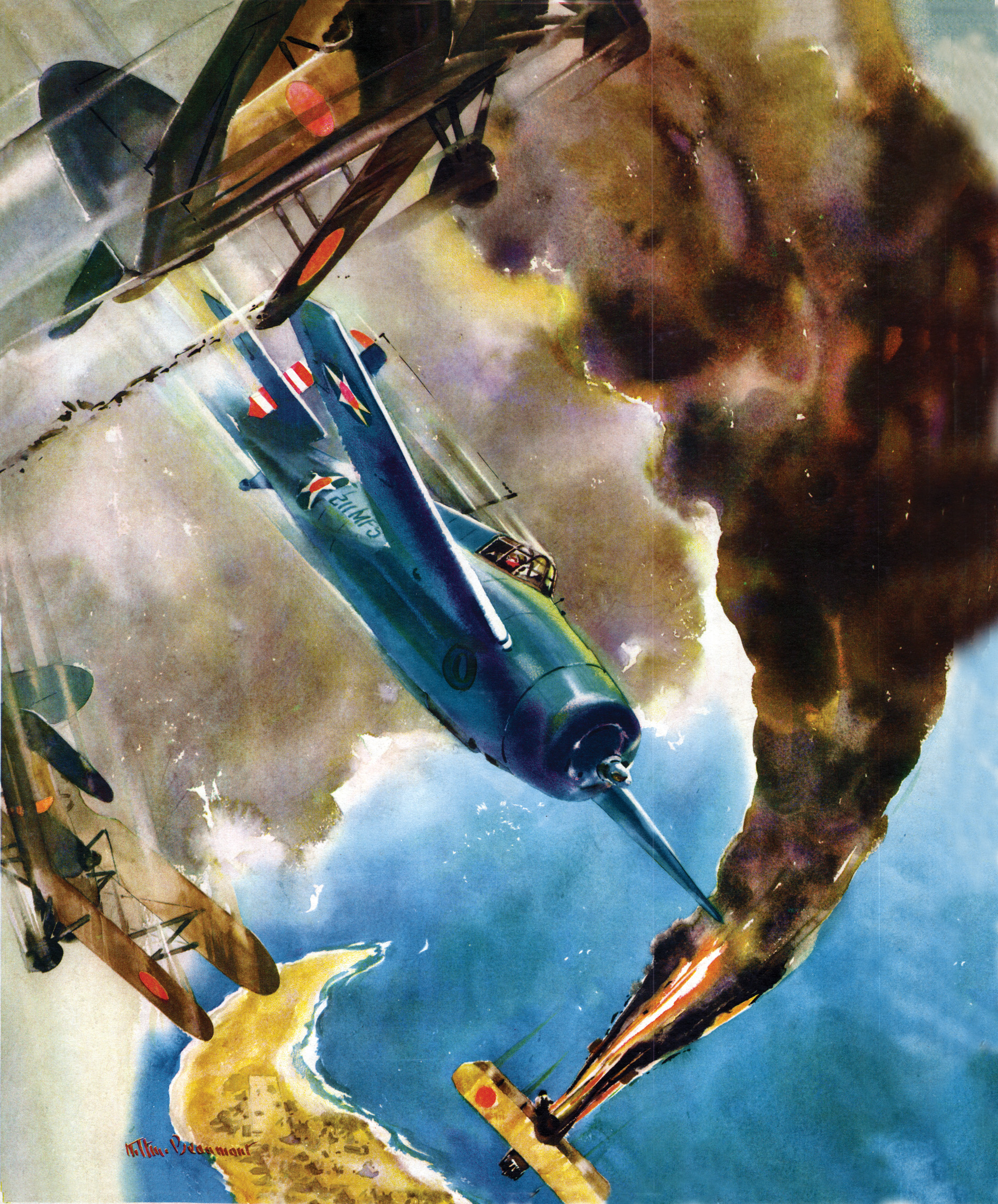 A dramatic depiction by Artist Correspondent Arthur Beaumont of a lone Marine F4F Wildcat fighter taking on three Japanese biplanes over Wake Island, done for the War Department’s 1942 film, Wake Island. Although badly outnumbered, the Americans held their own during the invasion and gave the enemy a bloody nose.