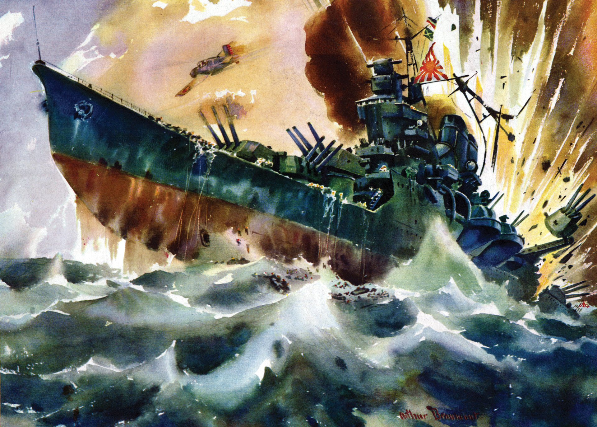 Arthur Beaumont’s spectacular impression of a Wildcat sinking a Japanese cruiser, painted within months of the battle. However, no cruisers were lost—only two destroyers and two patrol boats. 