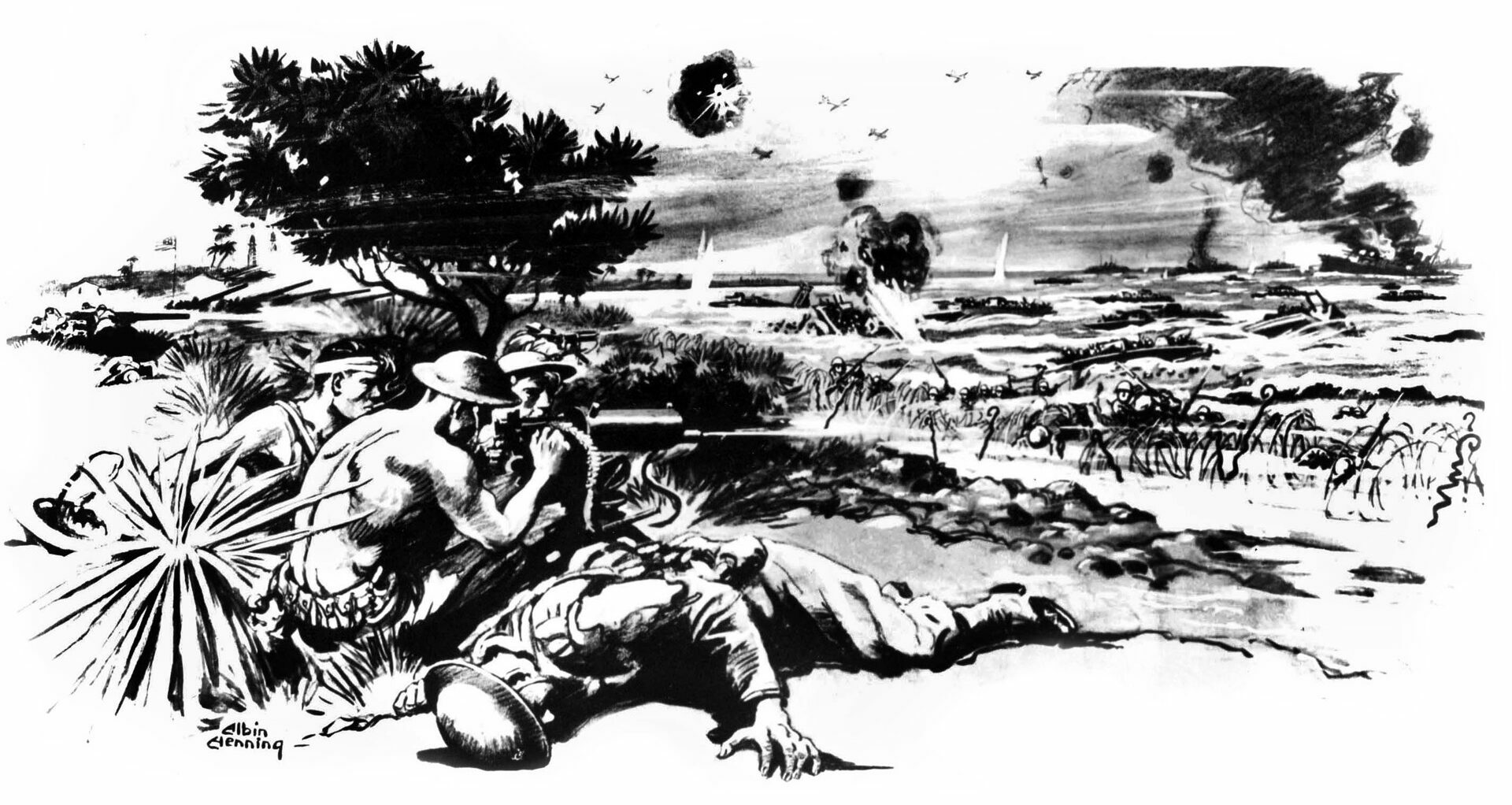 American machine gunners hold off the invading Japanese force. While inaccurate in some details (the artist invented the barbed wire for dramatic effect; no such obstruction existed on Wake Island), it does capture the desperate nature of the Marines’ last stand. 