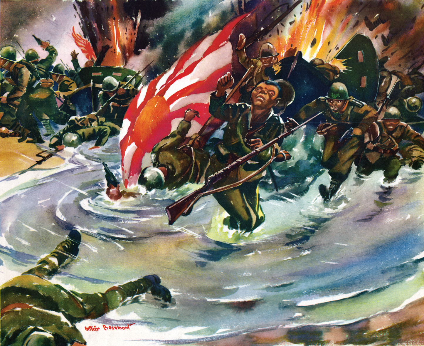 Beaumont’s depiction of Japanese soldiers being hit by volleys of defensive fire as they came ashore on December 22, 1941. Commander Cunningham then sent a message to Pearl Harbor: “Enemy on island, issue in doubt."