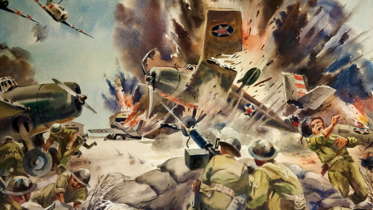 Arthur Beaumont’s depiction of the Japanese first wave attack that destroyed several VMF-211 aircraft and killed 23 Marines. A total of 52 U.S. military personnel died during the 16-day battle and over 400 were taken prisoner.