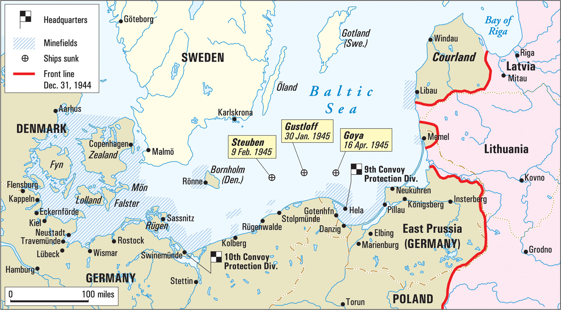 This map shows movement of German convoy and evacuation routes across Germany’s Baltic shore. Königsberg is at far right. 