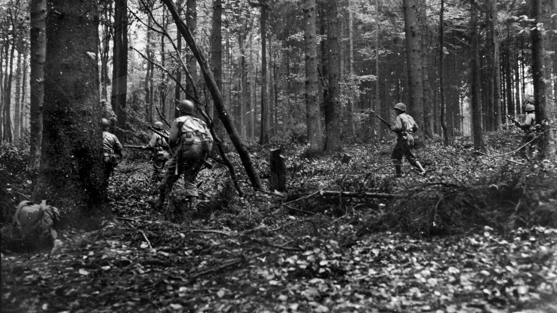 Members of Tom Myers’s 110th Infantry cautiously move through the “green hell” of the Hürtgen Forest, November 2, 1944.