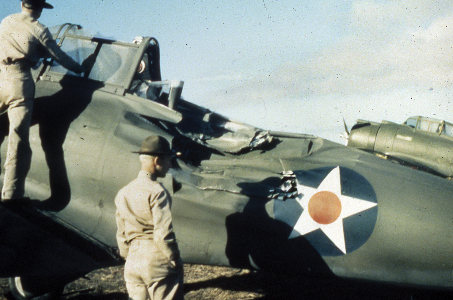 This fighter plane of the U.S. Far East Air Force was damaged during an accident on the ground. Spare parts and repair facilities were at a premium in order to keep American planes flying.