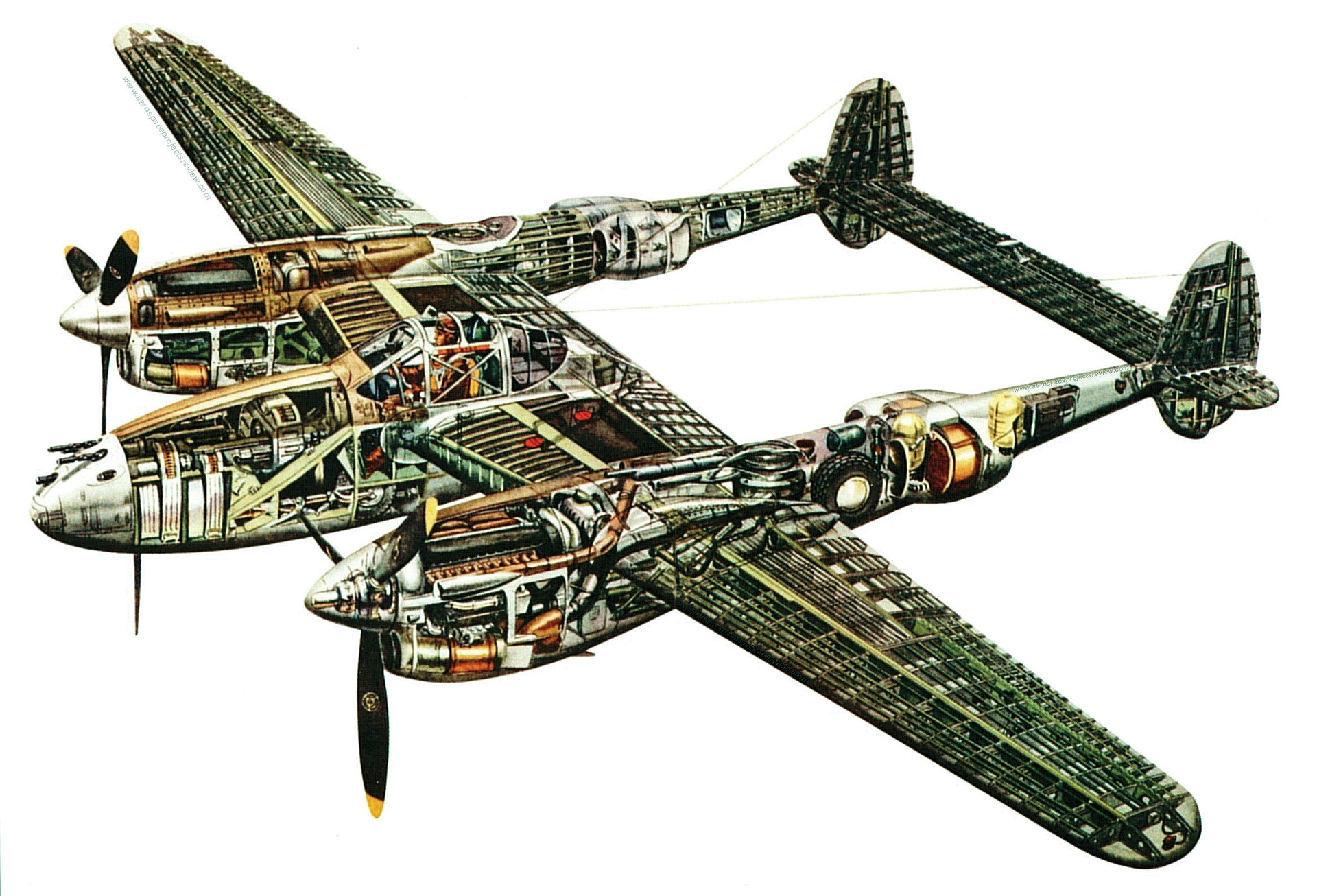This cutaway view of the Lockheed P-38 Lightning fighter reveals its unique twin-boom construction and the arrangement of its nose-mounted armament, a deadly combination of a 20mm cannon with four .50-caliber machine guns.  The P-38 was an excellent fighter bomber, capable of carrying a bomb load and rockets.