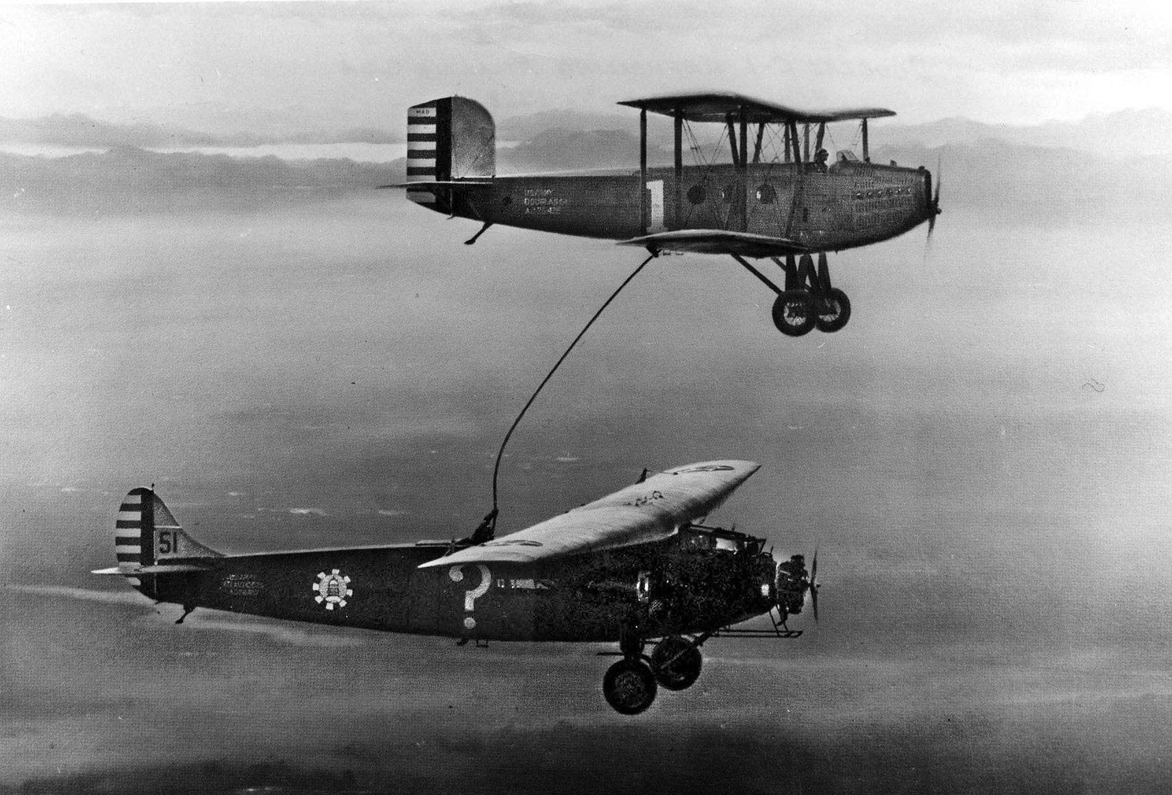 In January 1929, Captain Ira C. Eaker, accompanied by Lieutenant Pete Quesada, who would also reach senior command in the U.S. Army Air Forces during World War II along with three other airmen, flew a Fokker C-2 aircraft nicknamed ‘Question Mark’ for over 150 hours to test in-flight refueling procedures. 