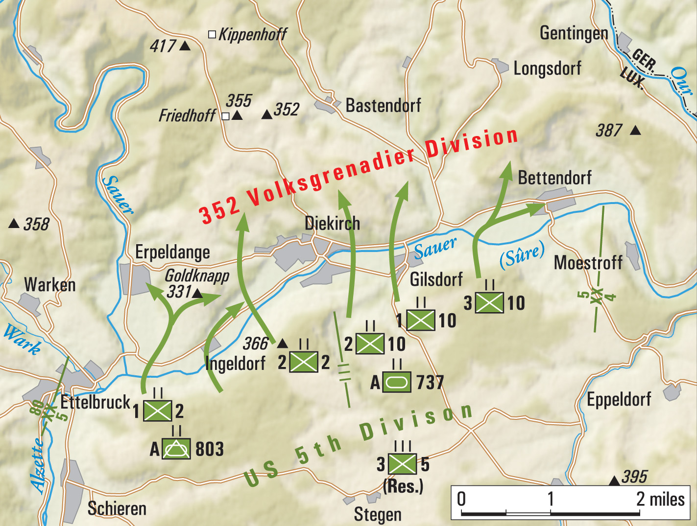 The American 5th Infantry Division crossed the Sauer River on January 18, 1945, against fierce German opposition. Numerous acts of individual bravery helped the American infantrymen gain a foothold and eventually expand their lodgment.