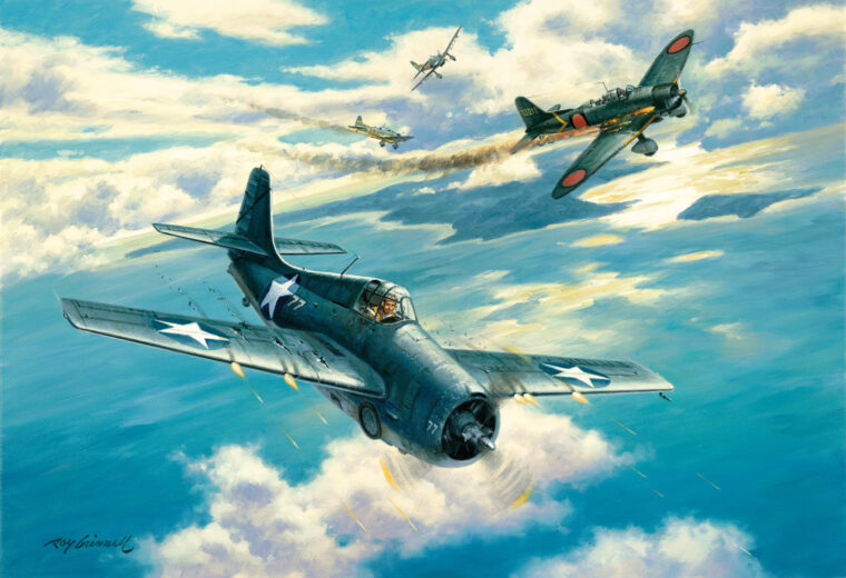 Marine ace Jim Swett is shown downing his seventh Japanese plane on April 7, 1943 in a painting by Roy Grinnell.