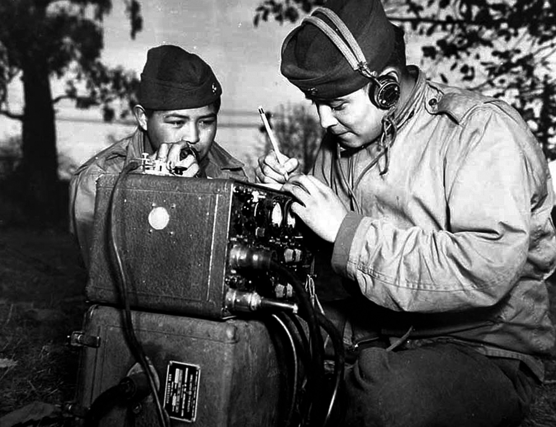 A pair of U.S. Marine code talkers is shown training with radio gear. During the fight for Betio, it’s likely their radios did not work.