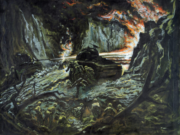 In this painting by Marine Corps artist John McDermott, a pair of flamethrowing tanks belch fire into a narrow ravine where Japanese troops have taken cover, while Marines move up warily, crouching behind the steel hulls of the armored vehicles. The Marines invaded Peleliu, in the Palaus Island Group, on September 15, 1944.