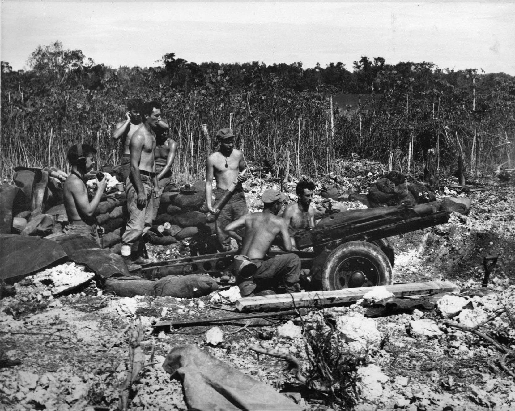 U.S. Marine artillerymen prepare a 75mm pack howitzer after it has been wrestled into firing position across the inhospitable terrain of Peleliu. The heavy but versatile pack howitzer brought successive Japanese positions under heavy fire. 