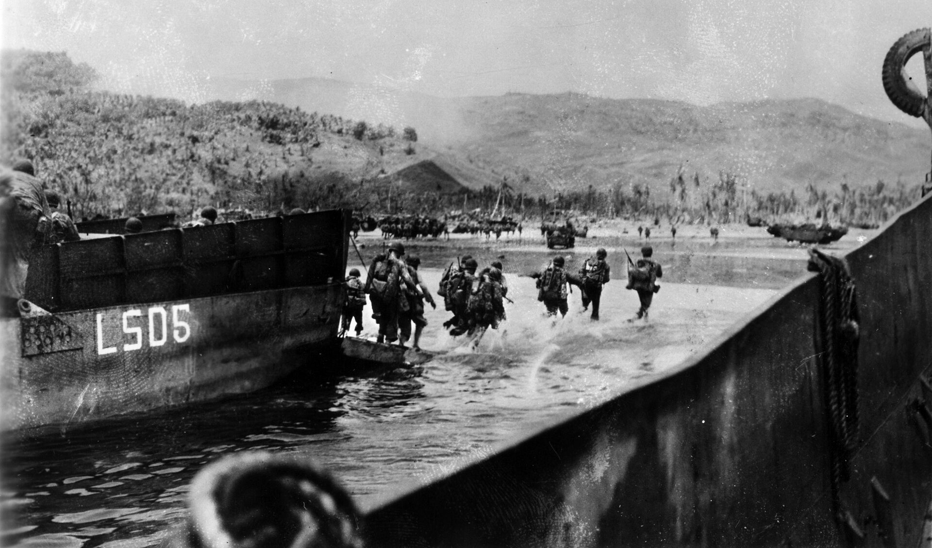 The 3rd Marine Division and the 1st Provisional (Marine) Brigade began landing on Guam at 8:30 am, July 21, 1944, and faced heavy Japanese fire on the beachhead. The 77th Division, initially held in reserve, began landing at 1:00 pm. While the Marines had been in combat before, this would be the 77th’s baptism of fire. 