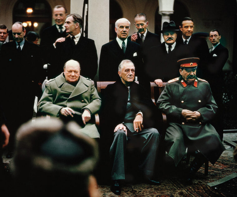 The three leaders with advisors during the Yalta Conference. The relationship between Churchill and Stalin was at times fractious, but the leaders managed to maintain the alliance that eventually defeated Nazi Germany and Imperial Japan.